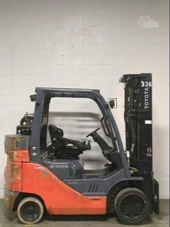 Opposite side view of 2019 Toyota 8FGC45U-BCS propane forklift showing 4-way hydraulic valve block, mast tilt cylinders, cushion tires, and CSA-certified chassis – unit staged in Brampton ON