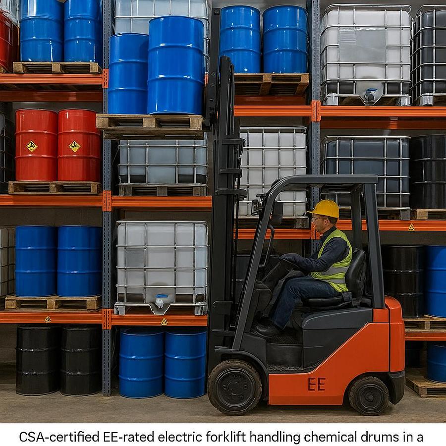 CSA‑certified EE‑rated electric forklift lifting chemical drums inside a controlled hazardous materials warehouse with compliant storage and ventilation‑safe equipment.