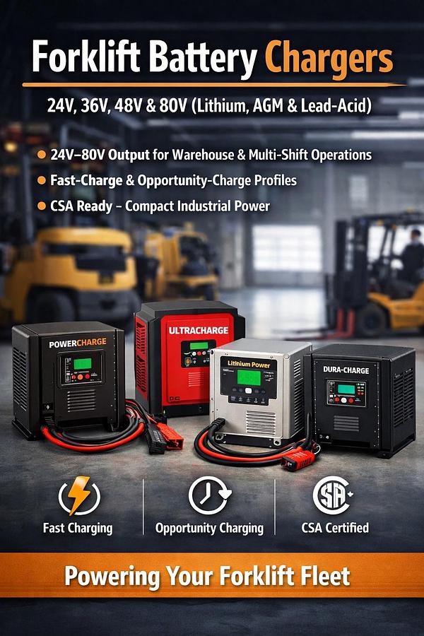 Forklift battery chargers for 24V, 36V, 48V and 80V electric forklifts, compatible with lithium and lead‑acid systems