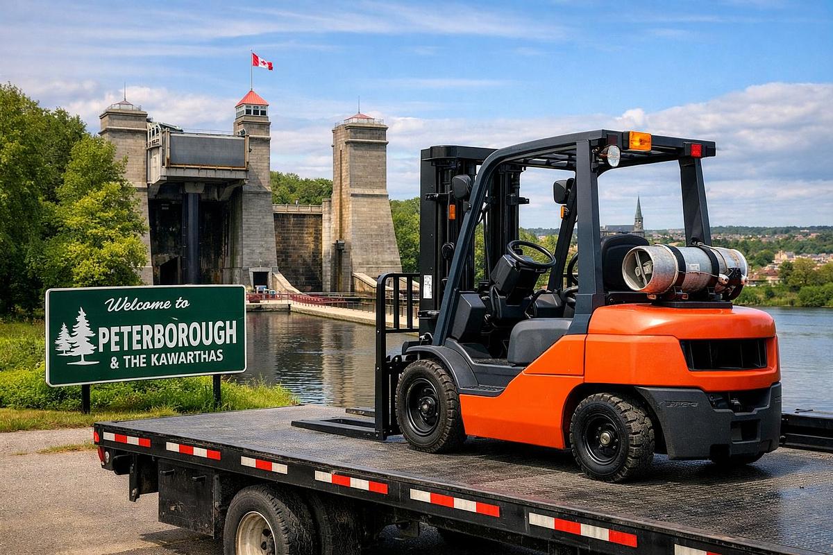 Peterborough & Kawarthas Forklift Delivery Program — orange and black propane forklift on a flatbed truck overlooking the Peterborough Lift Lock with regional welcome signage; Audit‑Ready • CSA‑Aligned Units Delivered Direct.