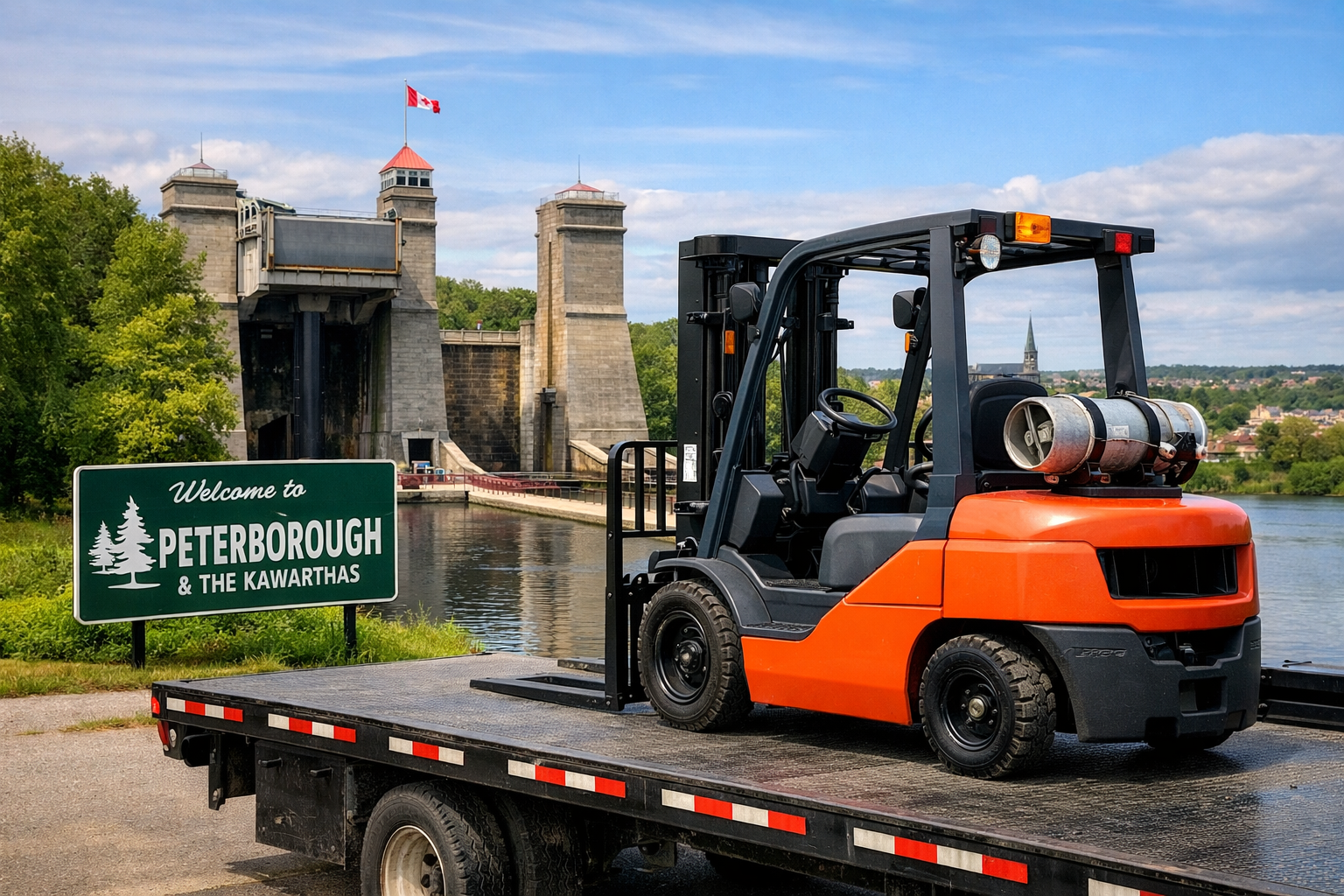 Peterborough & Kawarthas Forklift Delivery Program — orange and black propane forklift on a flatbed truck overlooking the Peterborough Lift Lock with regional welcome signage; Audit‑Ready • CSA‑Aligned Units Delivered Direct.