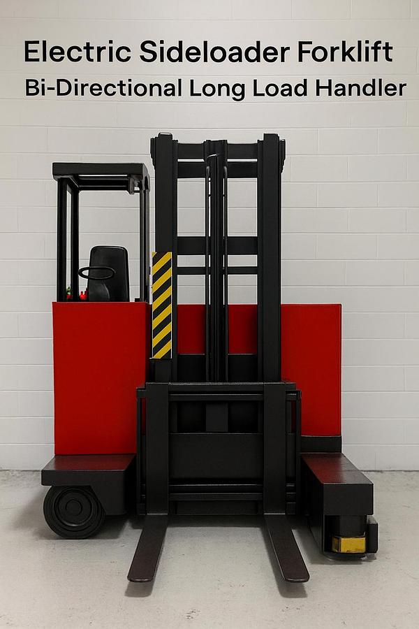 Electric sideloader forklift with stand-up operator compartment, bi-directional travel, CSA-certified for long-load handling in narrow warehouse aisles