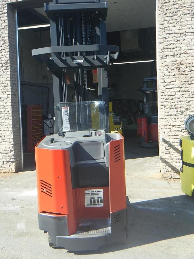 Rear view of refurbished 2010 Raymond EASIR40TT electric reach truck showing counterweight, battery door, and rear chassis panel during Oakville deploymen