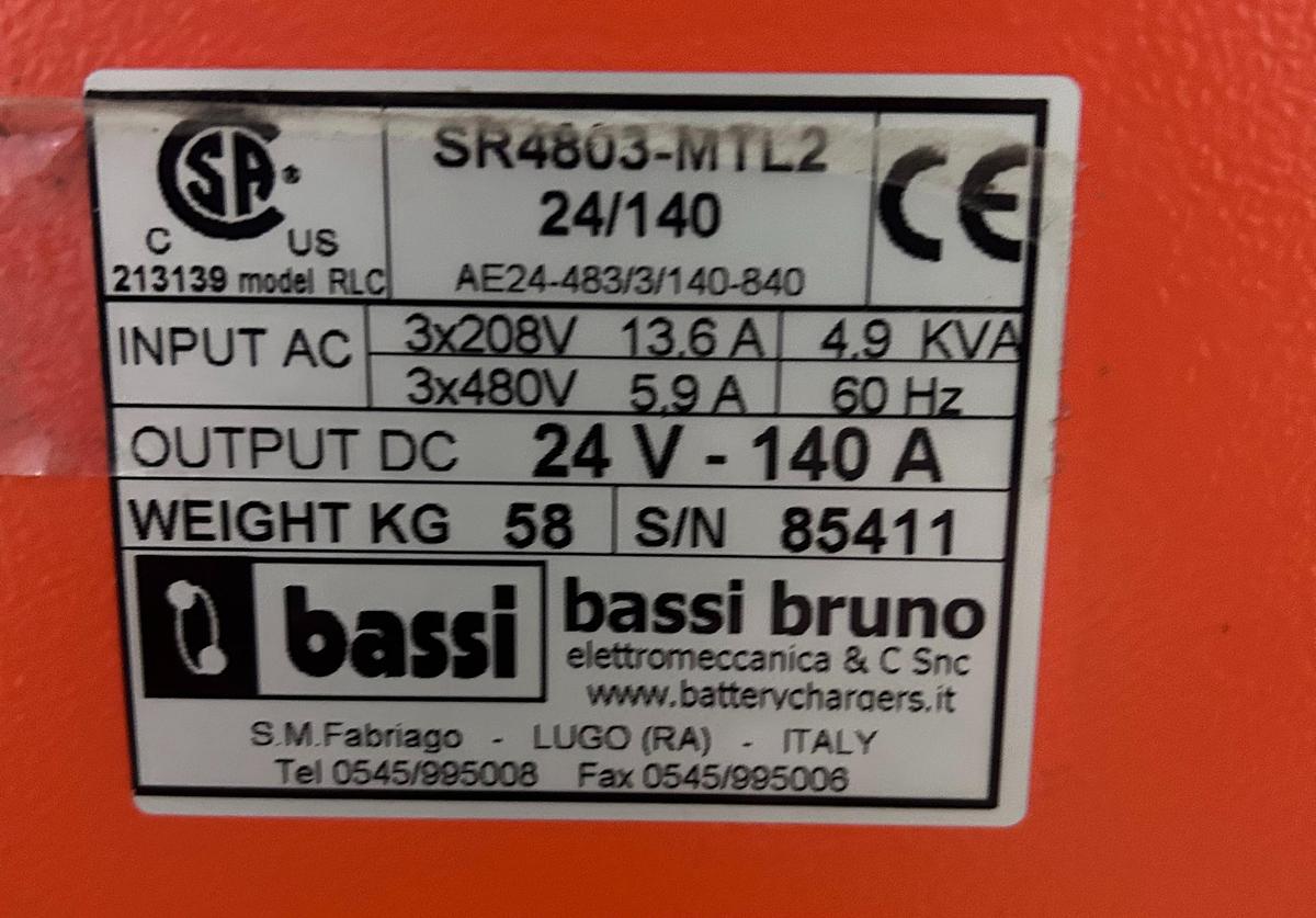 “Bassi Bruno charger dataplate showing model SR4603‑MT112, serial 85411, 24V 140A output, 12‑cell lead‑acid specs, and 208/480V 3‑phase input.”