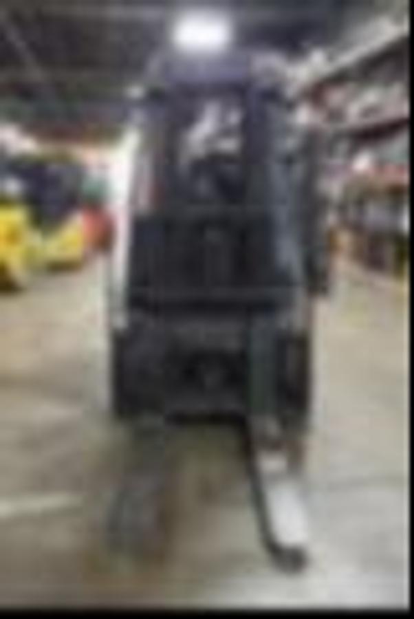 Front view of Toyota 7FBCU35 electric forklift showing forks, triple mast, and CSA certification decal during Brampton deployment
