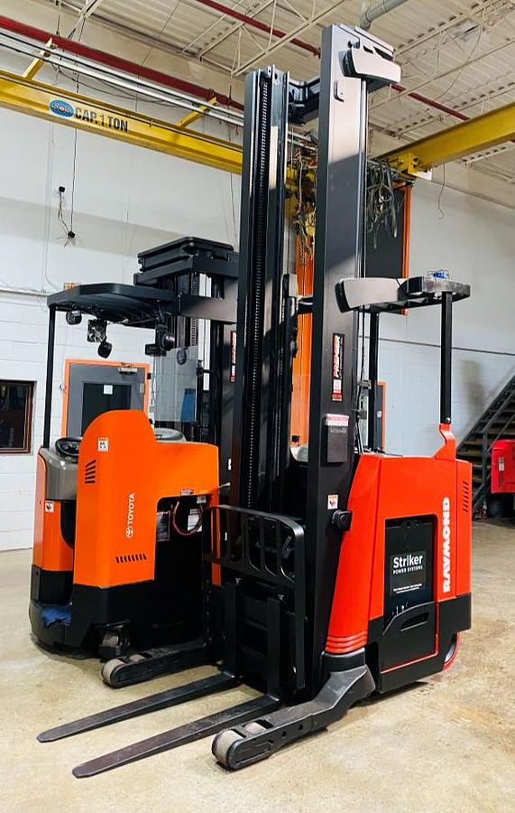 2016 Raymond 750‑R45TT single‑reach forklift – front angle view, 4,500 lb capacity, 321 inch mast, 36V electric