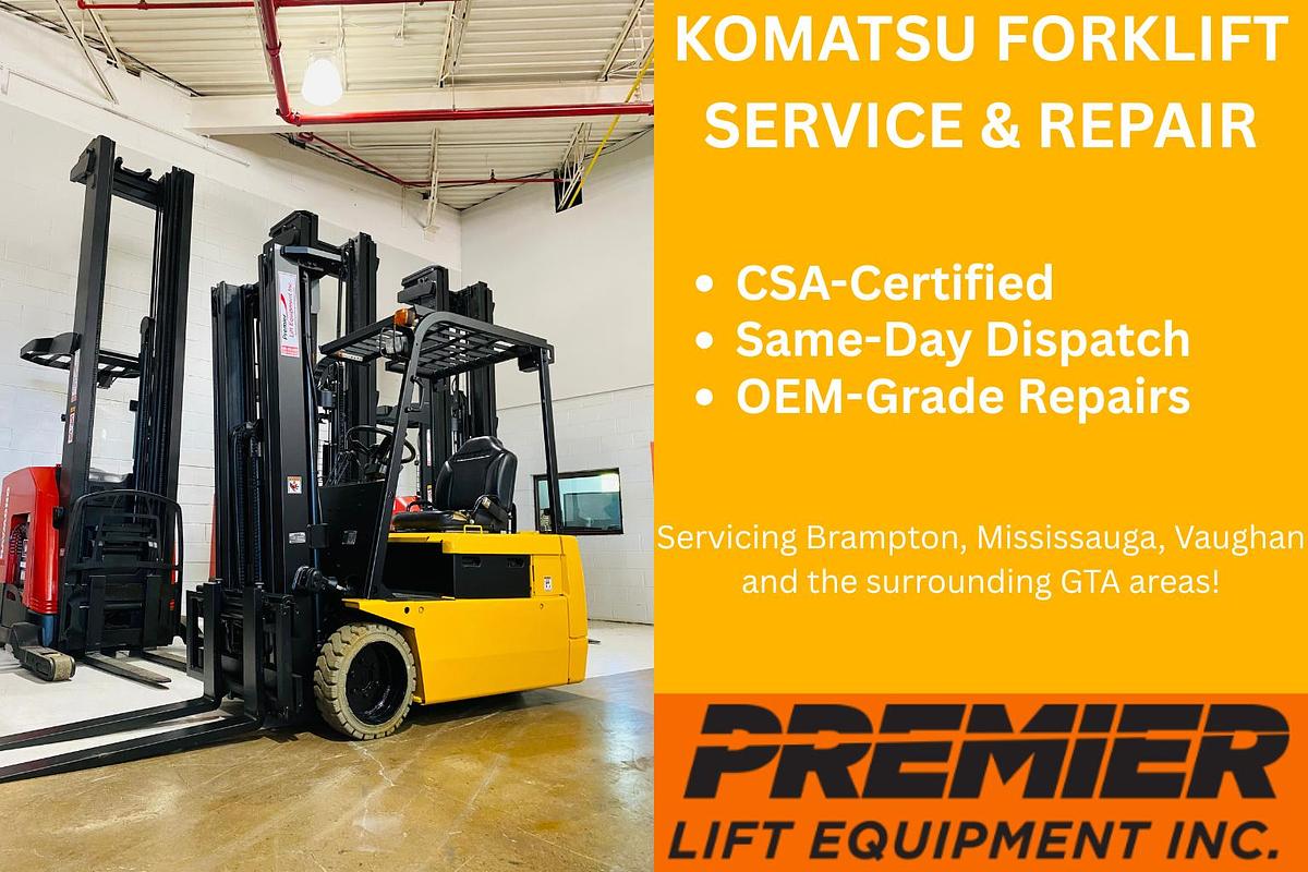 CSA-certified technician servicing Komatsu heavy-duty IC forklift in Brampton warehouse