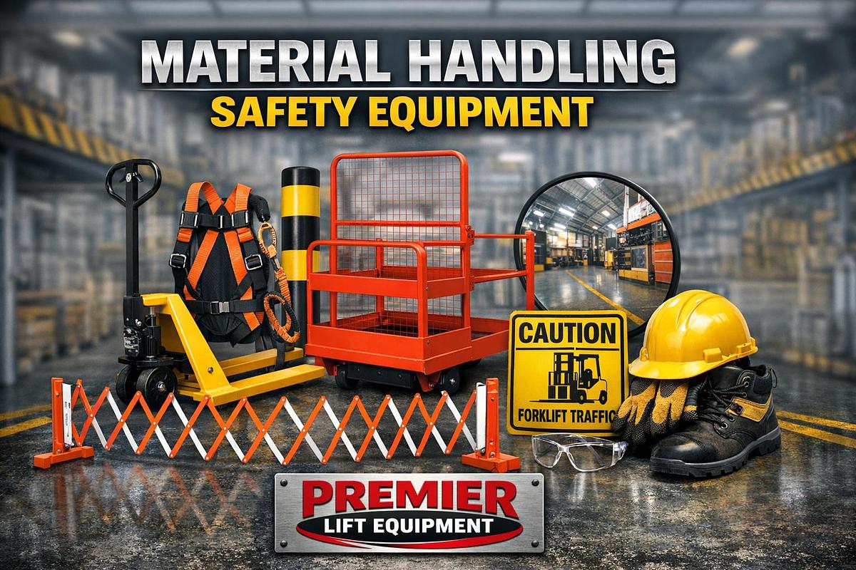 Forklift safety accessories including blue lights, red zone lights, mirrors, alarms, and compliance signage.
