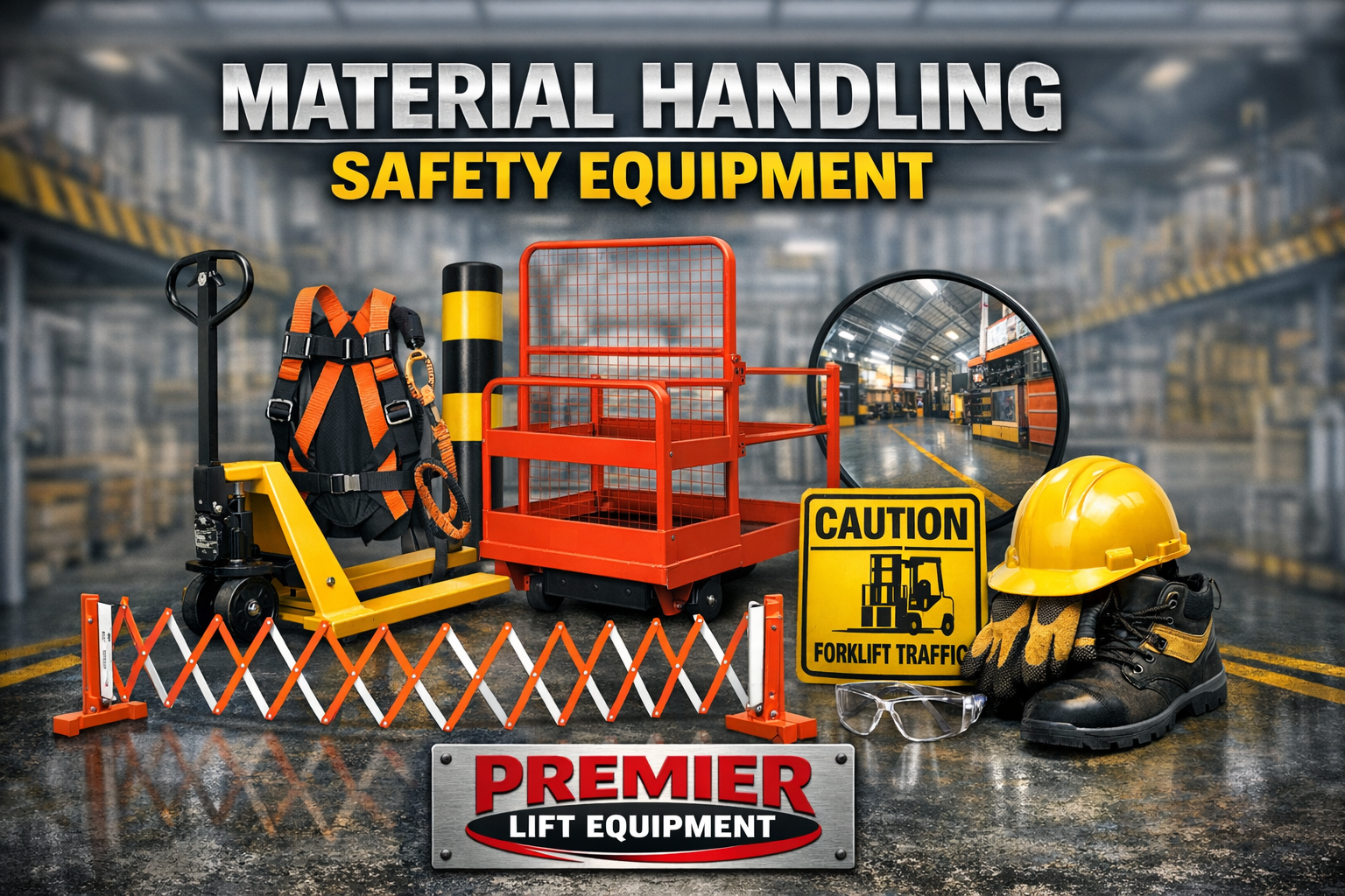 Forklift safety accessories including blue lights, red zone lights, mirrors, alarms, and compliance signage.