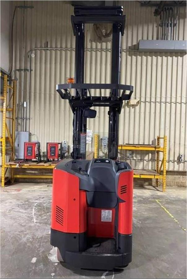 Rear view of refurbished 2022 Raymond 740-R45TT electric reach truck showing counterweight, battery door, and rear chassis panel during Toronto deployment