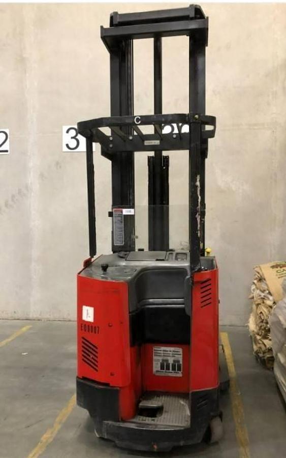Rear view of refurbished 2000 Raymond EZACT45TT electric reach truck showing counterweight, battery door, and rear chassis panel during Vaughan deployment