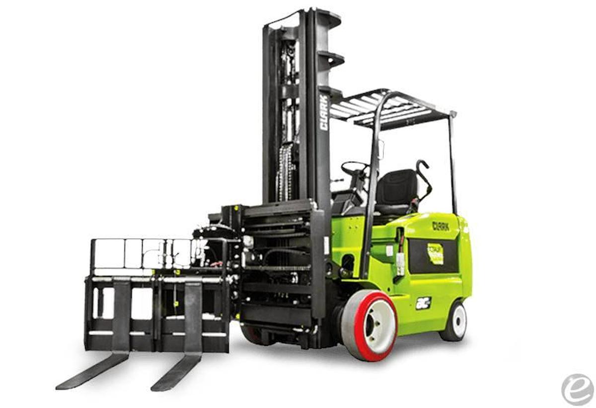 Side angle of LPG swing mast forklift with superior swing carriage attachment, maneuvering in a tight warehouse aisle for high-density pallet storage