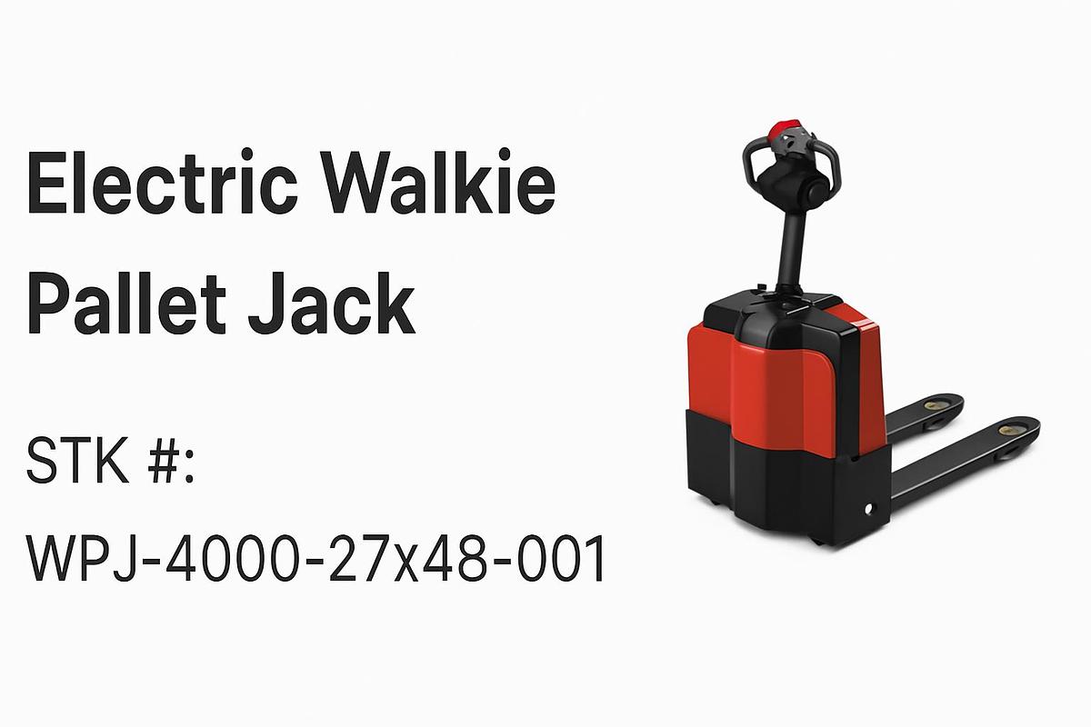 Electric walkie pallet jack with 4,000–8,000 lb capacity, walk‑behind and ride‑on configurations, flip‑down platform options, standard 27x48 and 27x45 forks, long‑john forks up to 96", CSA‑certified, compact warehouse design.