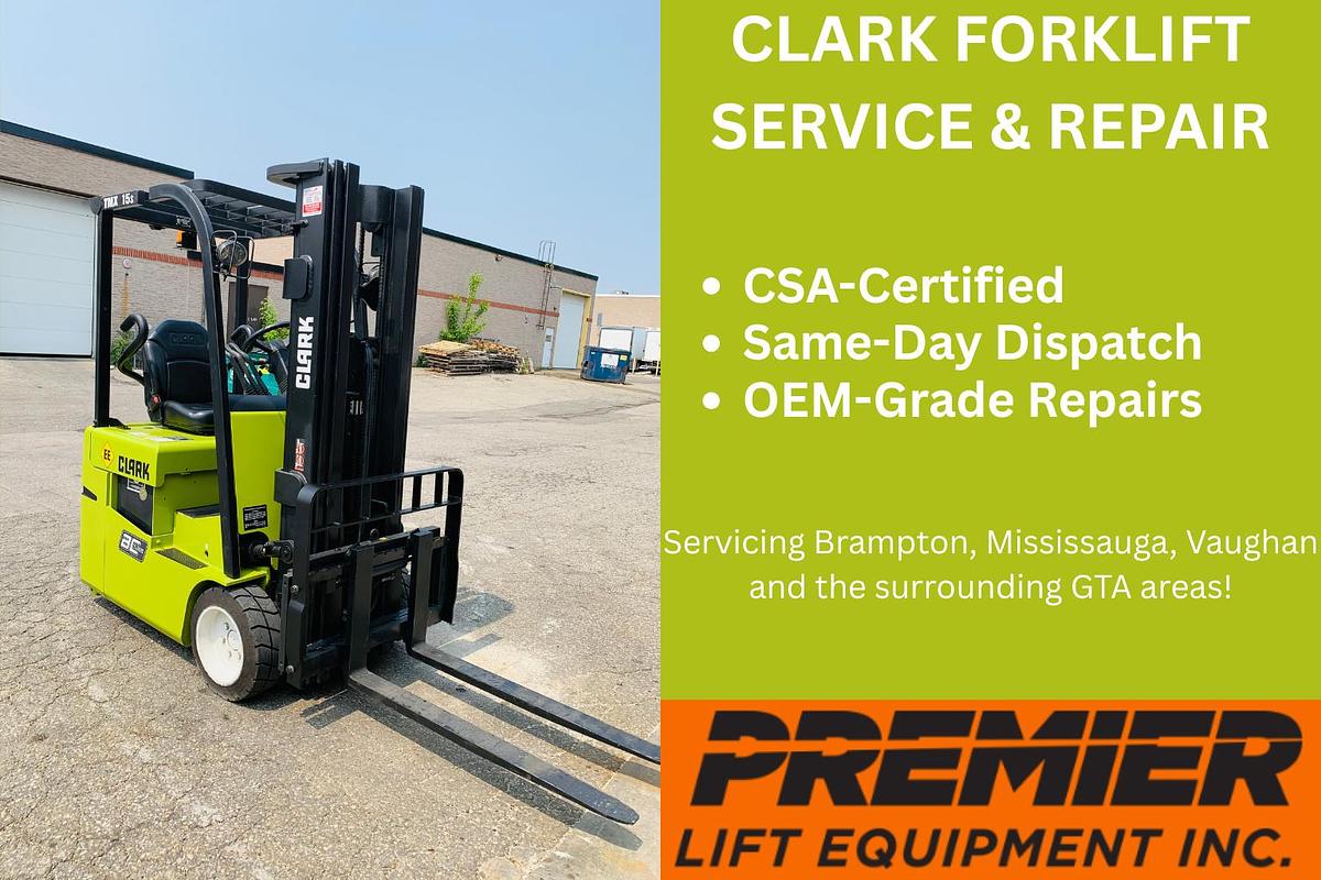 CSA-certified technician servicing Clark reach truck and IC forklift in Mississauga warehouse