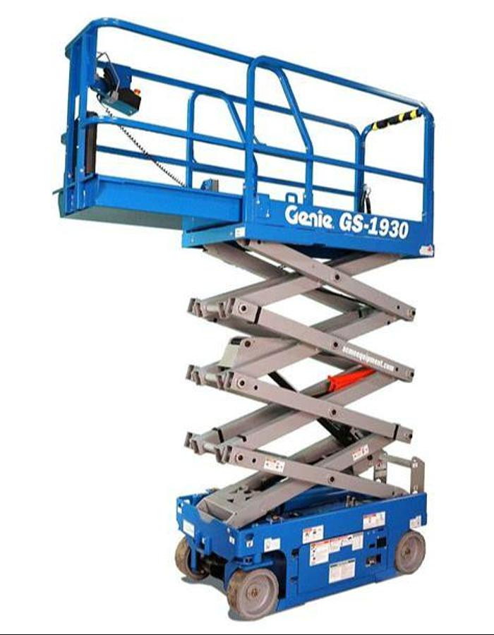 “Genie GS‑1930 scissor lift raised – 19 ft platform height – electric indoor man lift”