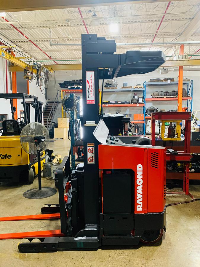 2010 Raymond EZ‑R30TT Single Reach – opposite side view – 250 inch lift height – 36V electric narrow‑aisle reach truck with 42 inch forks