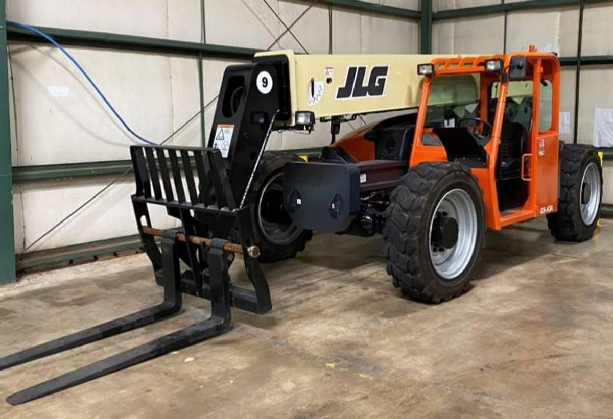 Front Angle Side view of CSA-certified JLG G9-43A diesel telehandler with 43’ boom and foam-filled tires – staged in Brampton ON