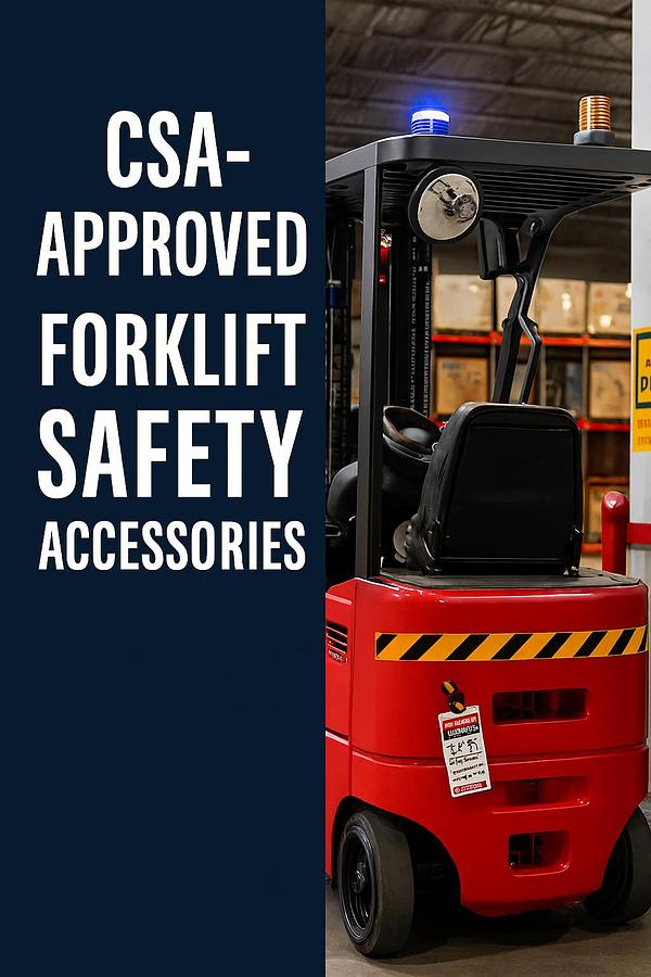 CSA‑approved forklift safety accessories including lights, alarms, mirrors, decals, PPE stations, and lockout/tagout tools for visibility, protection, and compliance.