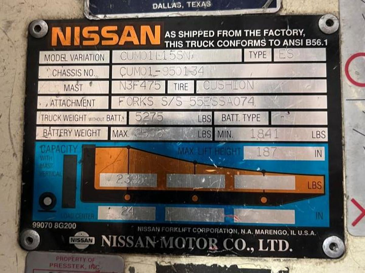 Nissan forklift dataplate showing model CUM01L15SN, serial CUM01-950134, 3000 lb capacity, and 83/187 mast specifications