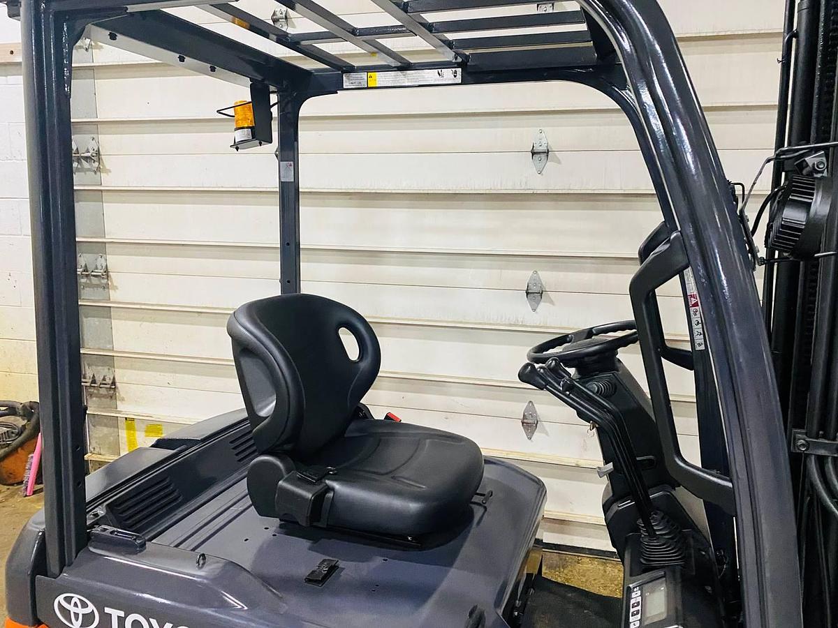 Toyota 8FBE20U – operator station view – ergonomic seat and steering – OPSS safety system – CSA certified electric forklift – Brampton ON