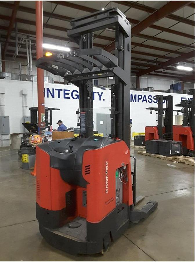 Rear view of refurbished 2013 Raymond 750R45TT electric reach truck showing counterweight, battery door, and rear chassis panel during Vaughan deployment
