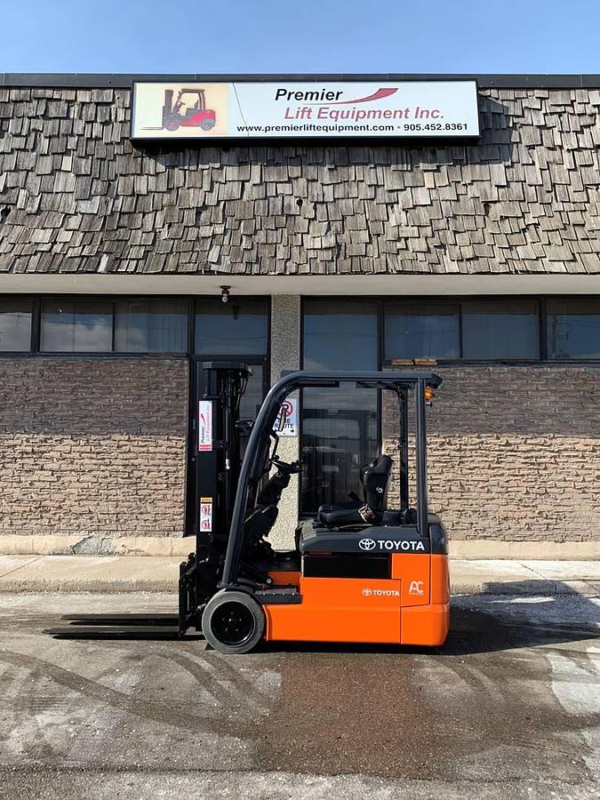 2019 Toyota 8FBE15U electric 3-wheel forklift with CSA certification deployed in Mississauga for indoor warehouse operations and narrow aisle maneuvering