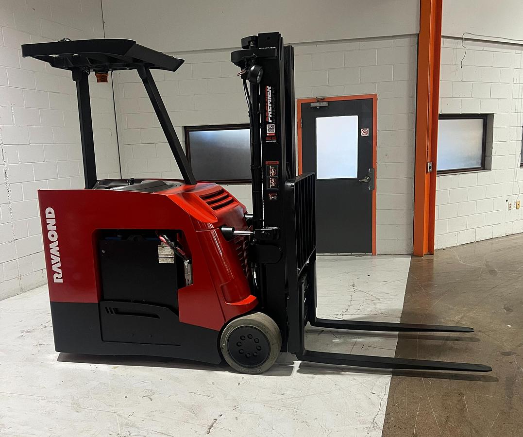 Refurbished 2018 Raymond 425-C50TT stand-up dockstocker forklift with 188 inch triple mast and 36 volt electric system