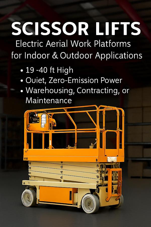 Electric scissor lift with 19–32 ft platform height, non‑marking tires, guardrails, and extendable deck for indoor warehouse maintenance and facility operations.