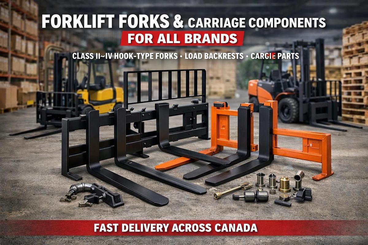 Forklift forks and carriage components including Class II–IV hook‑type forks, load backrests, and carriage parts for all major forklift brands.