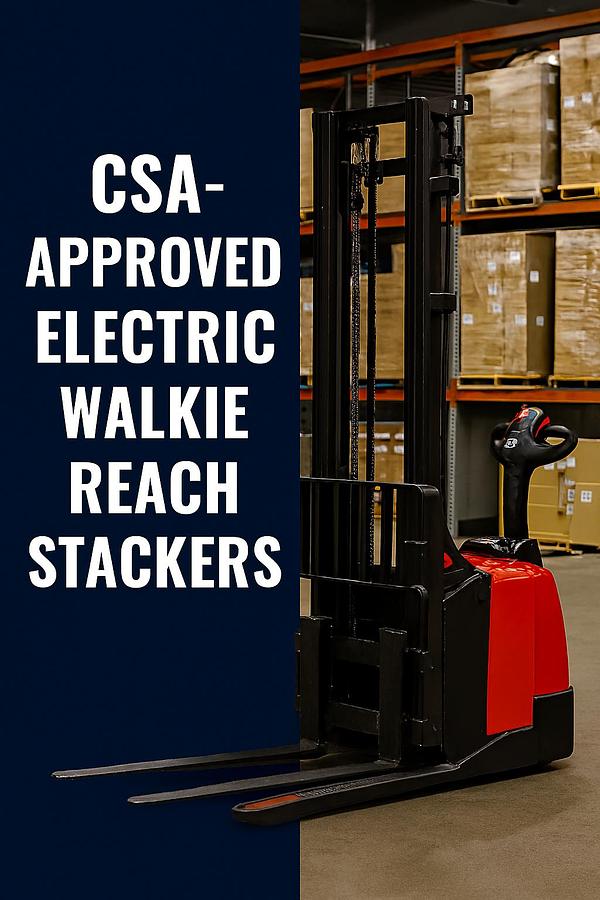 CSA‑approved electric walkie reach stacker operating in a narrow warehouse aisle with high‑lift mast and pantograph reach extended.