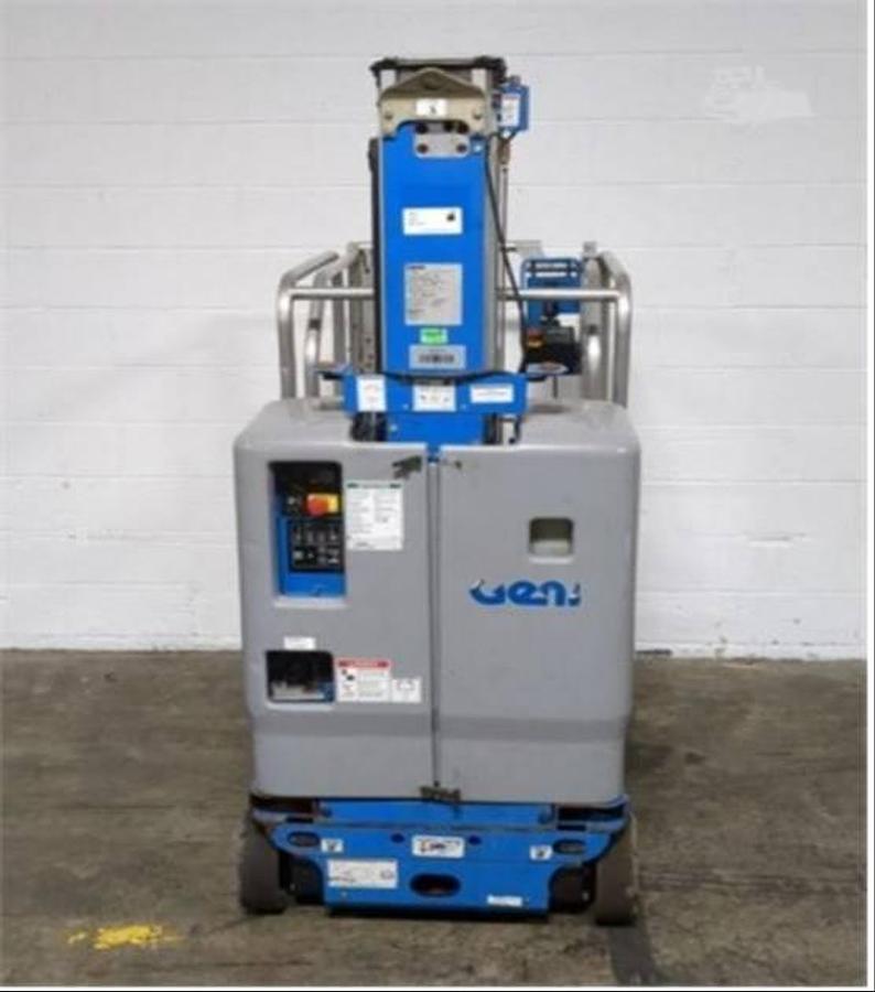 Genie GR-20 – rear view – battery compartment, charger port, rear wheels – CSA vertical mast lift – Brampton ON