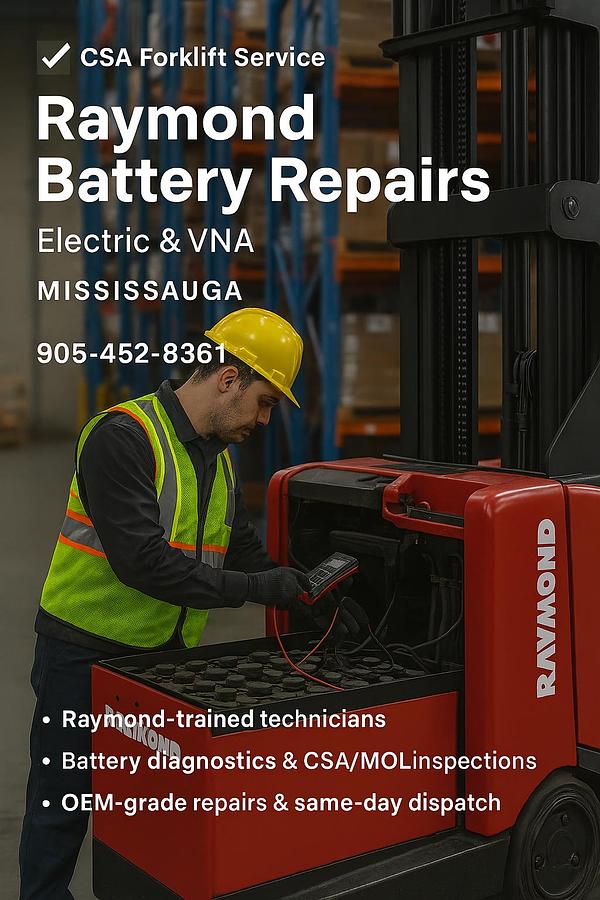 CSA-certified technician performing battery diagnostics and reach truck repairs on a Raymond electric forklift in a Mississauga warehouse