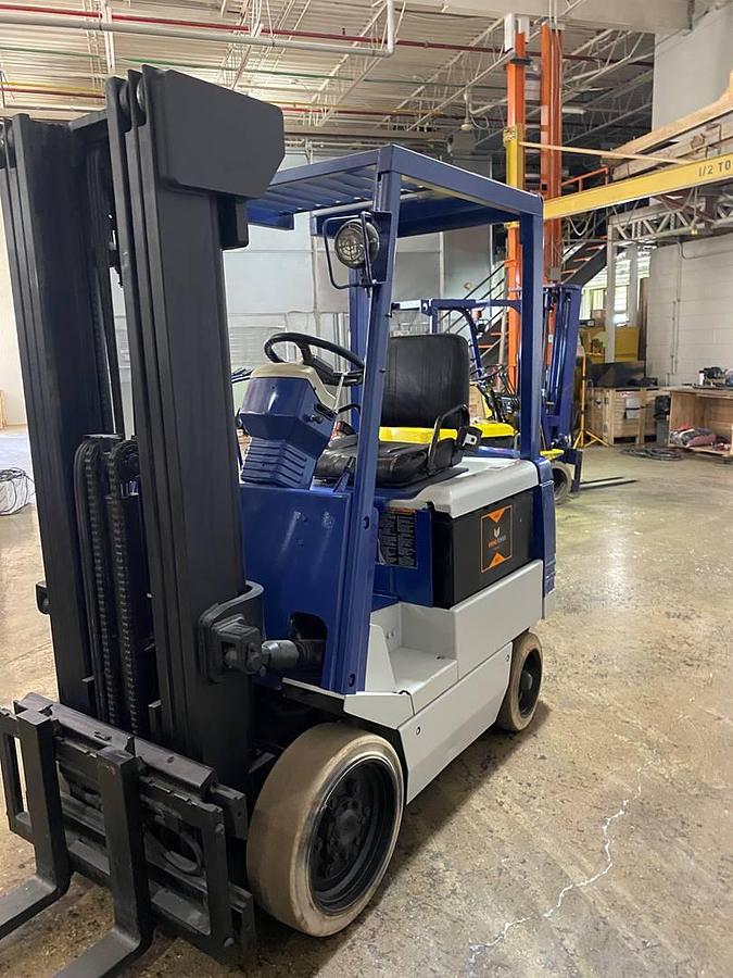 Opposite Front angled view showing mast rails and 42” fork tips