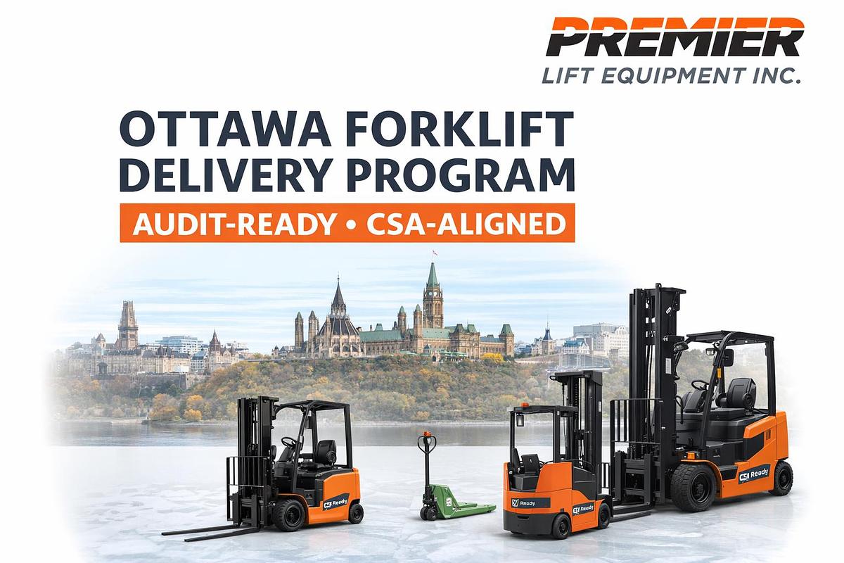 Premier Lift Equipment Inc. Ottawa Forklift Delivery Program banner showing three CSA‑Ready forklifts in front of Ottawa’s Parliament Hill skyline with the text ‘Audit‑Ready • CSA‑Aligned.’