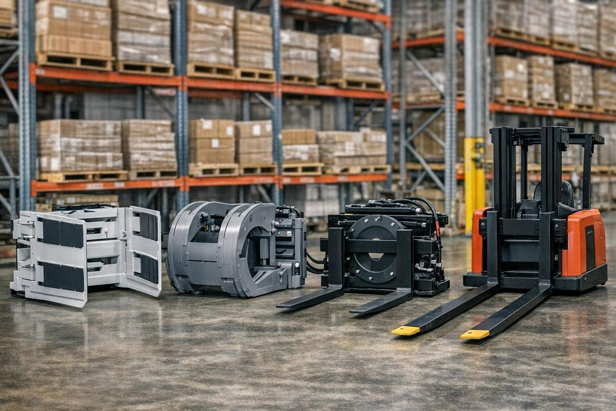 Warehouse display of forklift attachments including carton clamp, paper roll clamp, rotator, and fork extensions