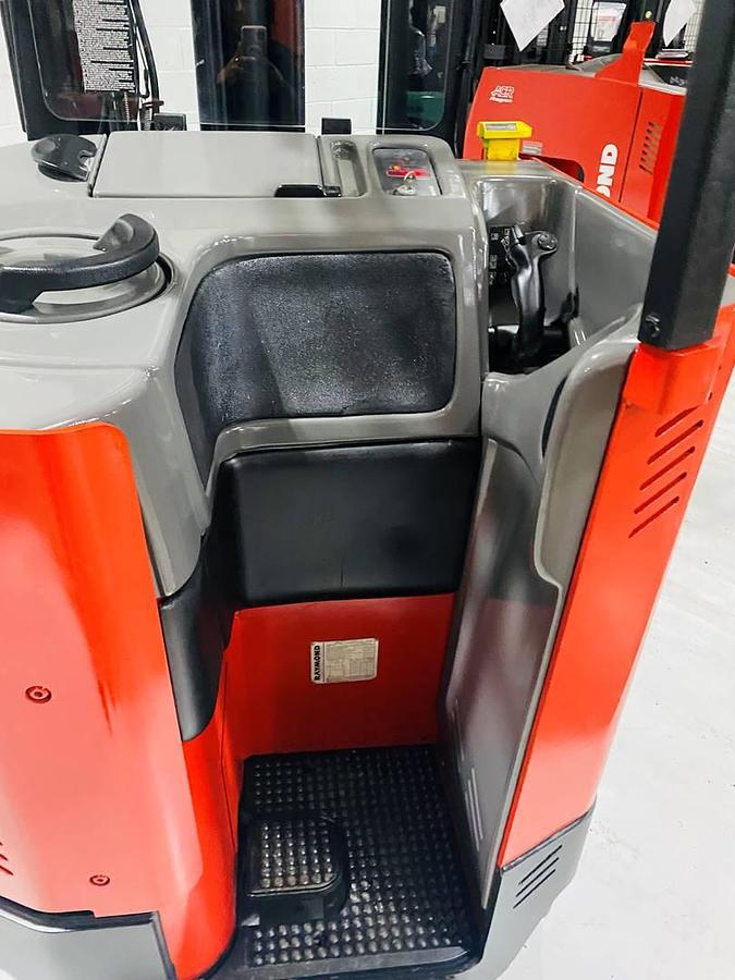 Alt="Back stand compartment of SOLD 2000 Raymond EASIR40TT reach truck showing operator platform and CSA safety tagging"