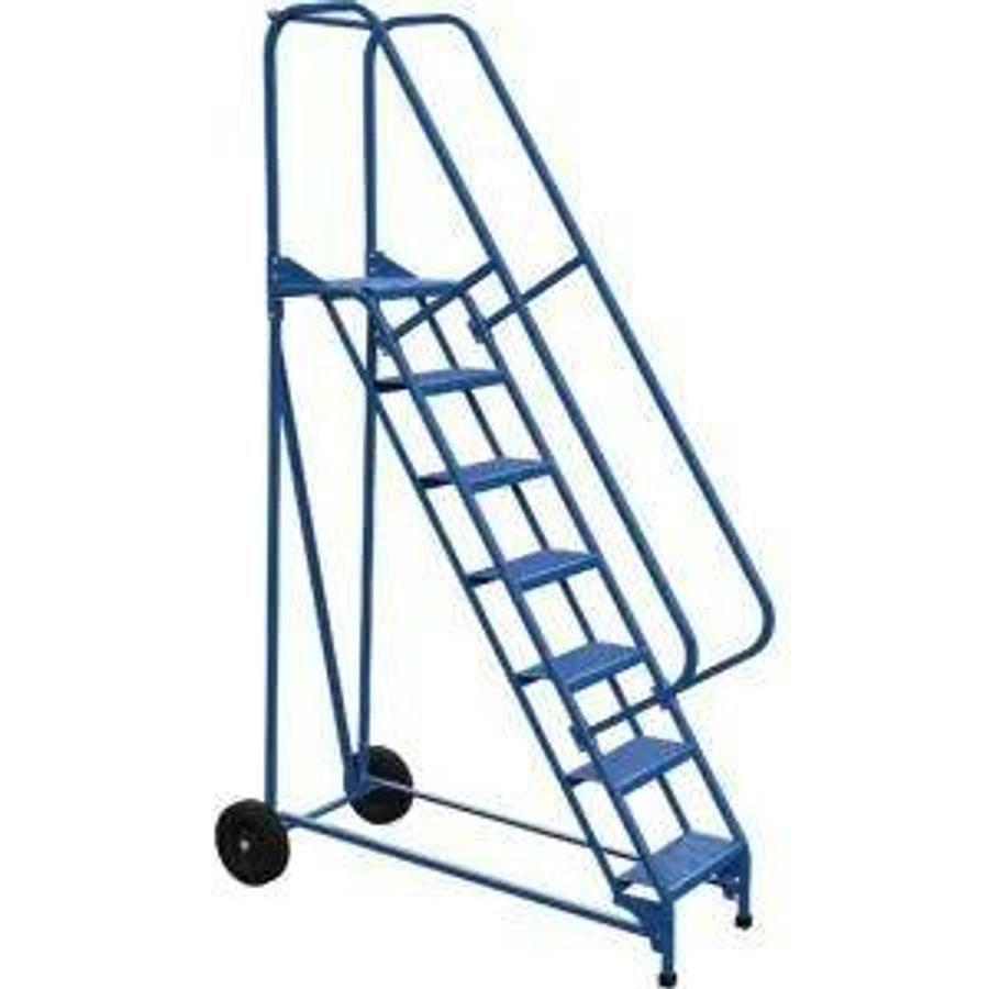 Side view of refurbished Roll‑A‑Fold ladder showing 7 perforated steps, 70″ height, removable hand railings, and CSA certification decal during Toronto deployment.