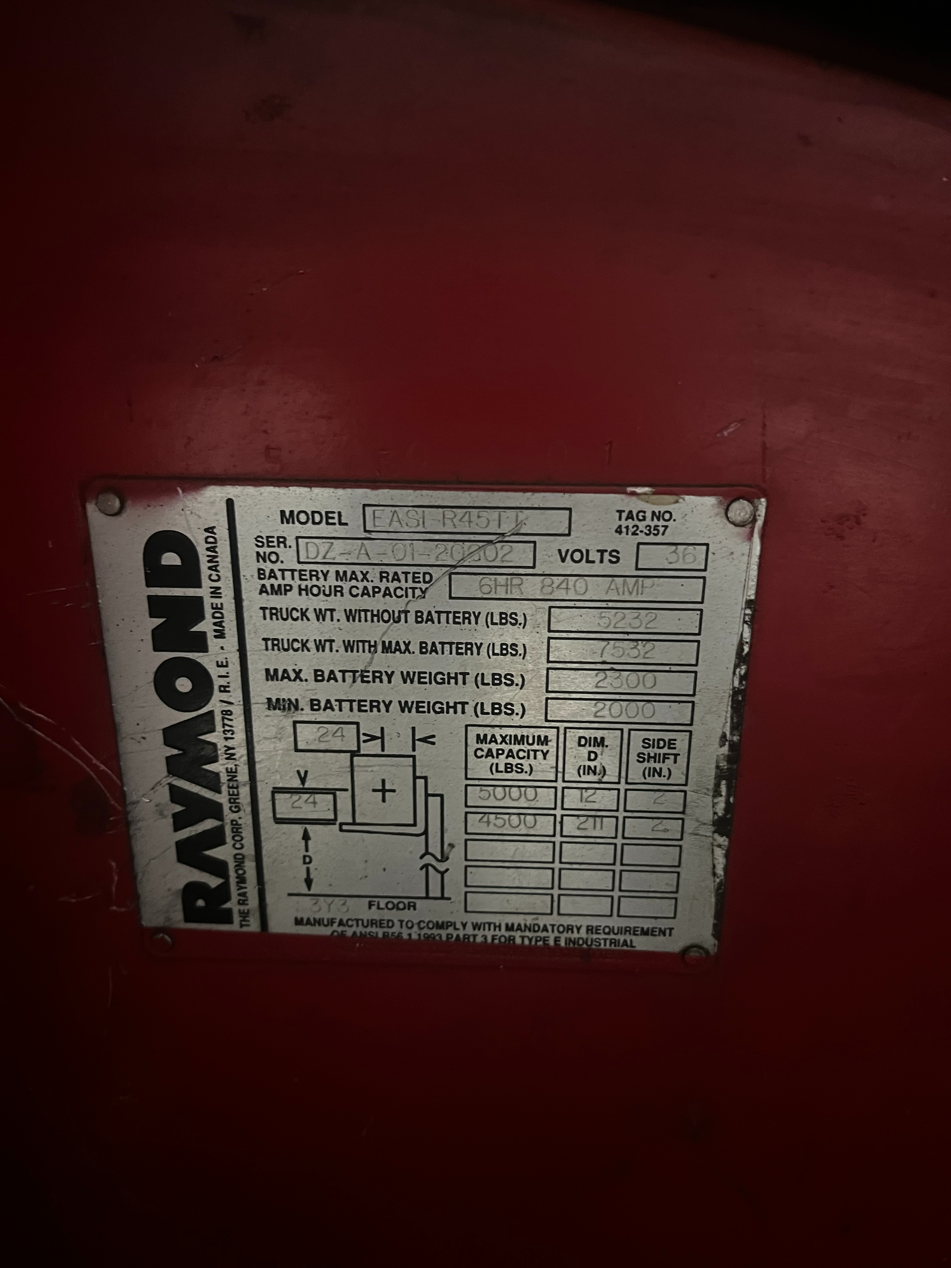 Data Plate: Raymond EASI‑R45TT serial DZ‑A‑01‑20602, 36V, 4,500 lb capacity.