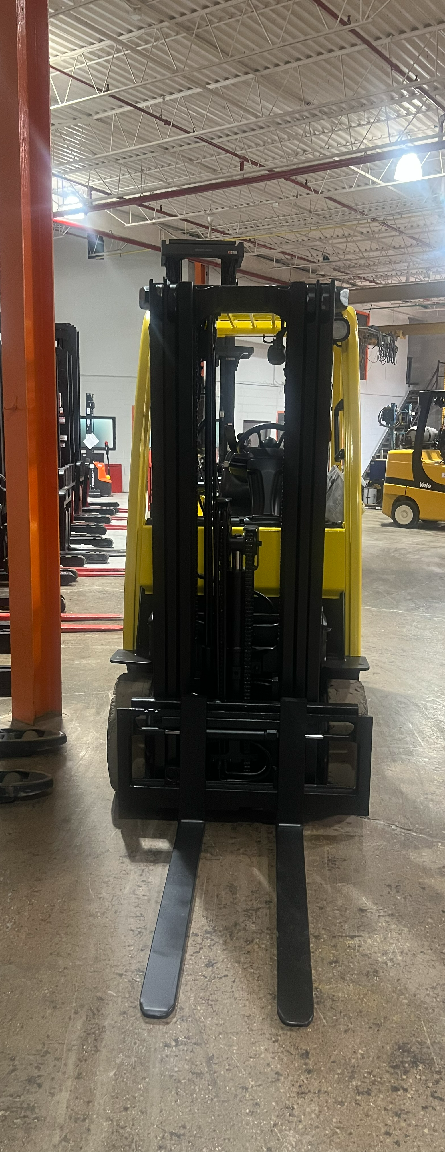 Front View: Hyster S50FT forklift with 42″ forks and cushion tires.