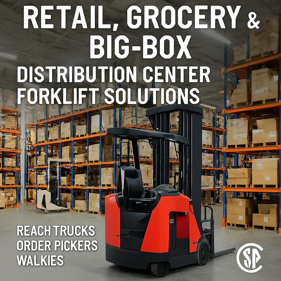 alt="CSA‑certified forklift solutions for retail, grocery and big‑box distribution centers — reach trucks, order pickers, walkies and narrow‑aisle electrics"