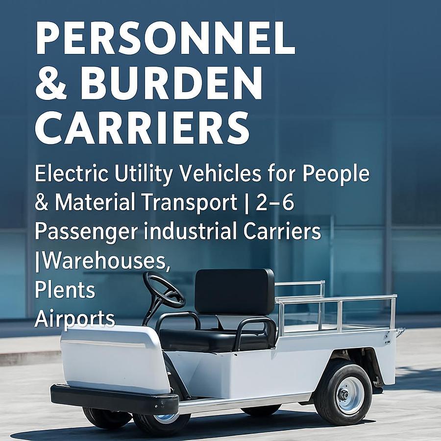 Two‑person electric personnel carrier with front bench seating, rear utility deck, automotive‑style steering, and cushion tires for indoor facility transport.