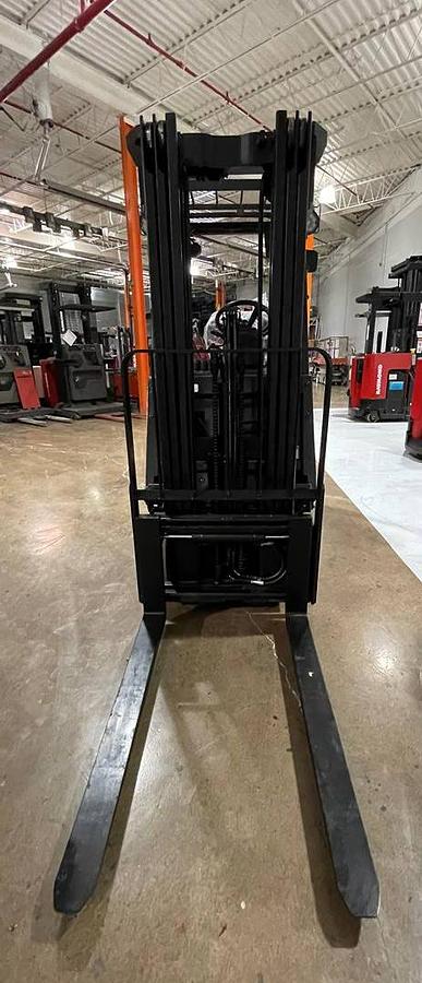 Front view of 2019 Toyota 7FBCU18 electric forklift – CSA-certified 3,500 lb chassis with 189” triple mast, 42” forks, load backrest extension, and clamp-ready 4-way hydraulics shown reconditioned with used 36V battery option available in Brampton ON – Premier Lift Equipment