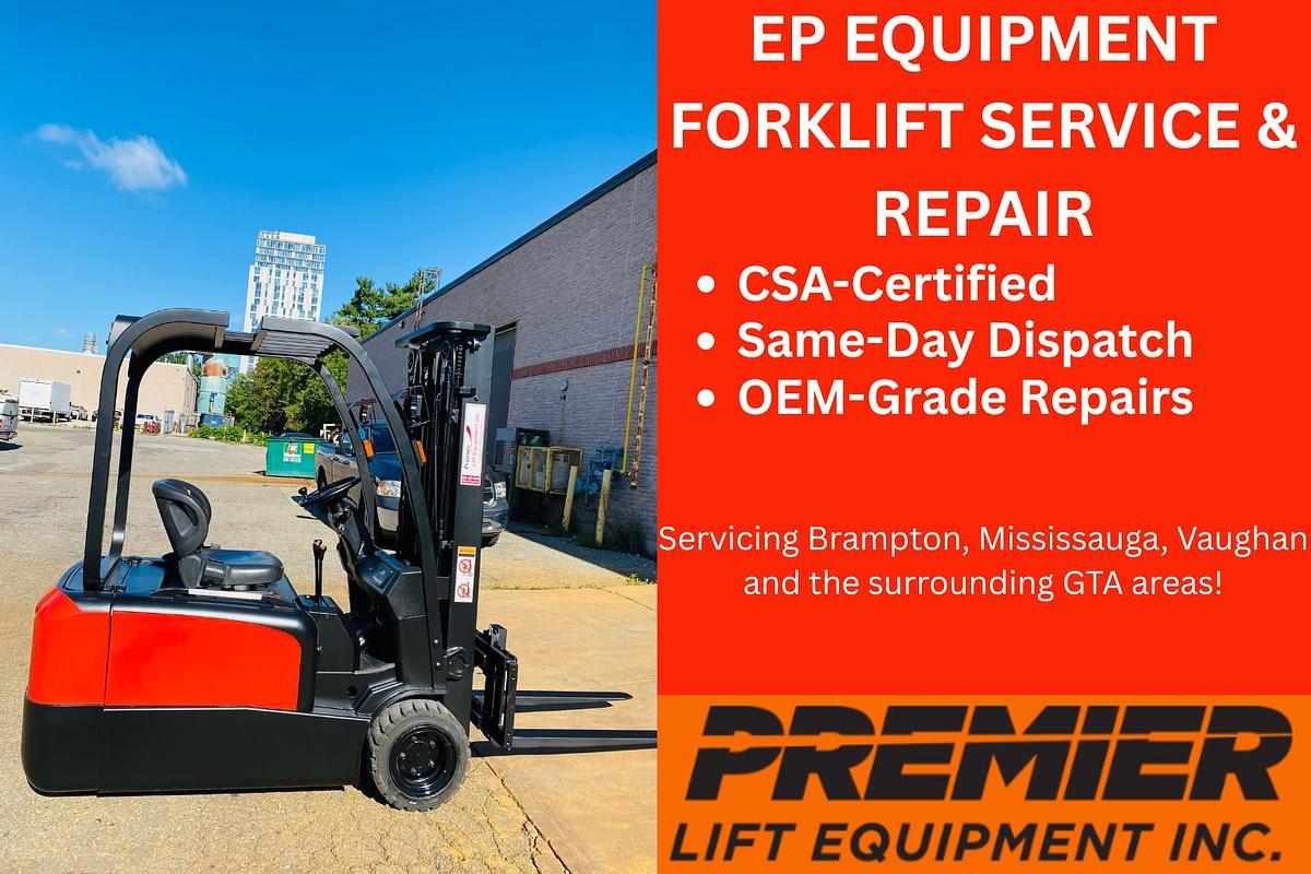 CSA-certified technician servicing EP Equipment lithium walkie and warehouse truck in Brampton facility
