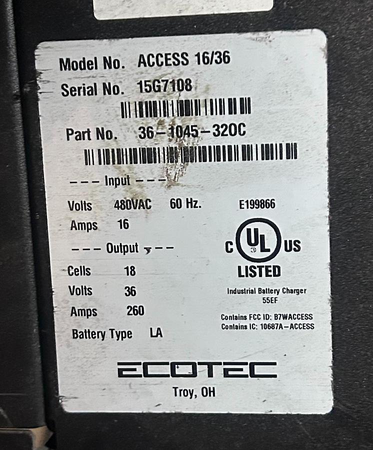 “ECOTEC charger dataplate showing model ACCESS 16/36, serial 15G7108, 36V 260A output, 18‑cell lead‑acid specs, and 480V 3‑phase input.”
