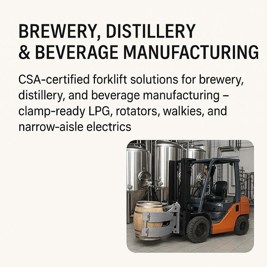 Clamp‑ready CSA‑certified LPG forklift handling beverage pallets on a brewery production floor with barrels, packaging lines, and indoor staging areas.