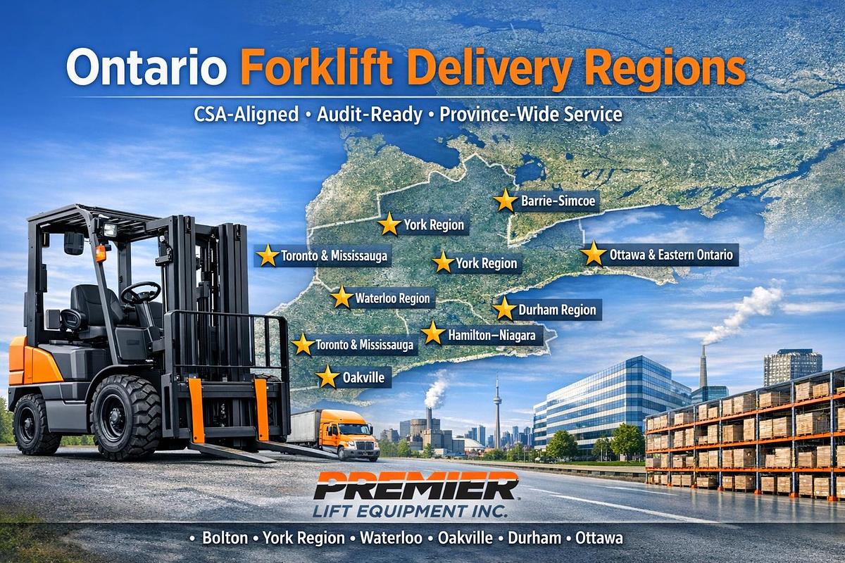 CSA‑aligned forklifts delivered across Ontario — Premier Lift Equipment Inc. province‑wide delivery network. Modern forklift in foreground with Ontario map showing Toronto, Mississauga, Oakville, Durham, Peel–Dufferin, York Region, Waterloo, Hamilton–Niagara, Barrie–Simcoe, London, Windsor, Ottawa, Peterborough, Quinte–Kingston, and Northumberland highlighted.