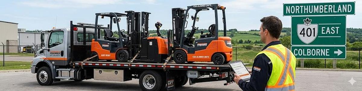 Northumberland Forklift Delivery Program — regional map showing Cobourg, Colborne, Port Hope and Brighton along the 401 → 2 corridor with nuclear expansion icon; Premier Lift Equipment Inc. logo at bottom.