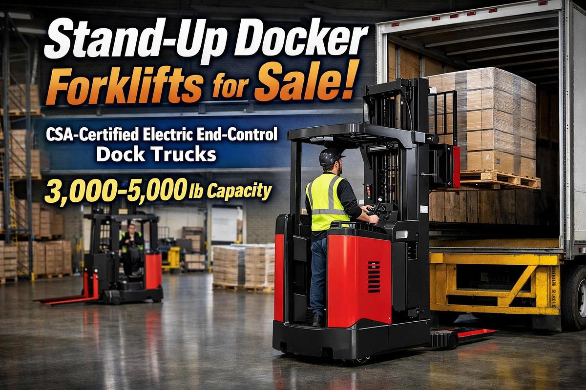 "CSA‑certified stand‑up docker forklift for sale – electric end‑control dock truck, 3,000–5,000 lb capacity"