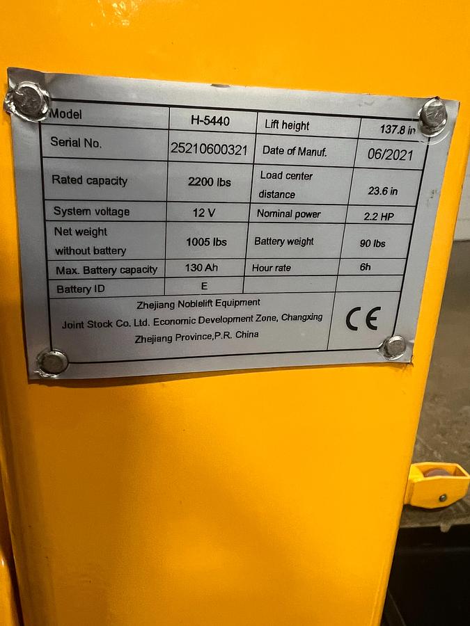 Capacity Plate – Noblelift H-5440 Electric Lift Stacker | 2,200 lb Rating | CSA Certified | Brampton ON