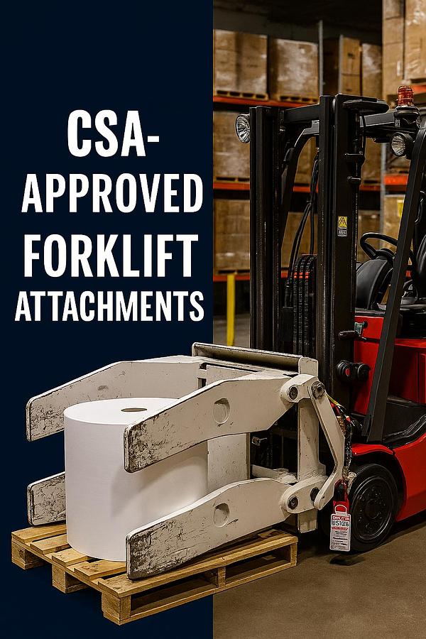 CSA‑approved forklift attachments including clamps, rotators, forks, booms, extensions, and specialty load handlers for high‑performance material handling.